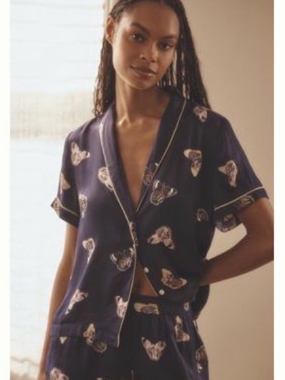 Anthropologie Lyrebird Silky Pajama Set Navy Butterfly